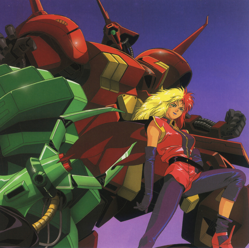 1990s_(style), 1girl, boots, breasts, cable, chara_soon, commentary, cover, dvd_cover, english_commentary, gundam, gundam_zz, hamma_hamma, highres, key_visual, kitazume_hiroyuki, long_hair, mecha, mobile_suit, multicolored_hair, neo_zeon, official_art, one-eyed, promotional_art, r-jarja, retro_artstyle, robot, scan, science_fiction, spiky_hair, traditional_media, uniform, vest