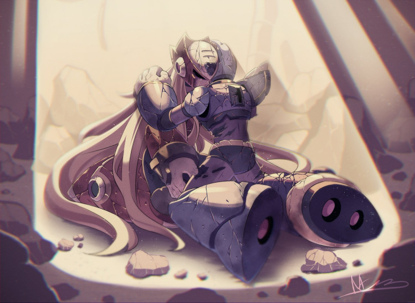 2boys, android, blonde_hair, helmet, hug, injury, mcnr, mega_man_(series)
