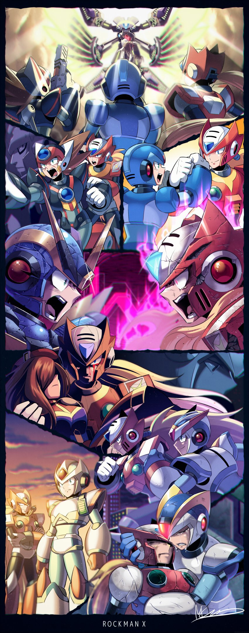 1girl, 5boys, android, axl_(mega_man), blonde_hair, blood, blood_from_eyes, blue_eyes