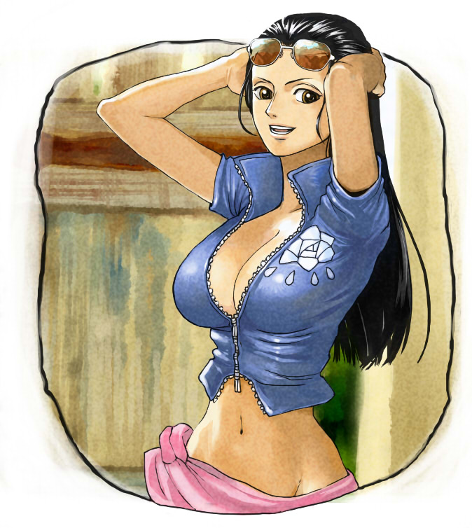 1girl, arms_up, black_hair, breasts, brown_eyes, cleavage, grin, large_breasts, long_hair, looking_at_viewer, midriff, navel, nico_robin, one_piece, open_mouth, sarong, short_sleeves, smile, solo, sunglasses, sunglasses_on_head, suyu38, unzipped, zipper
