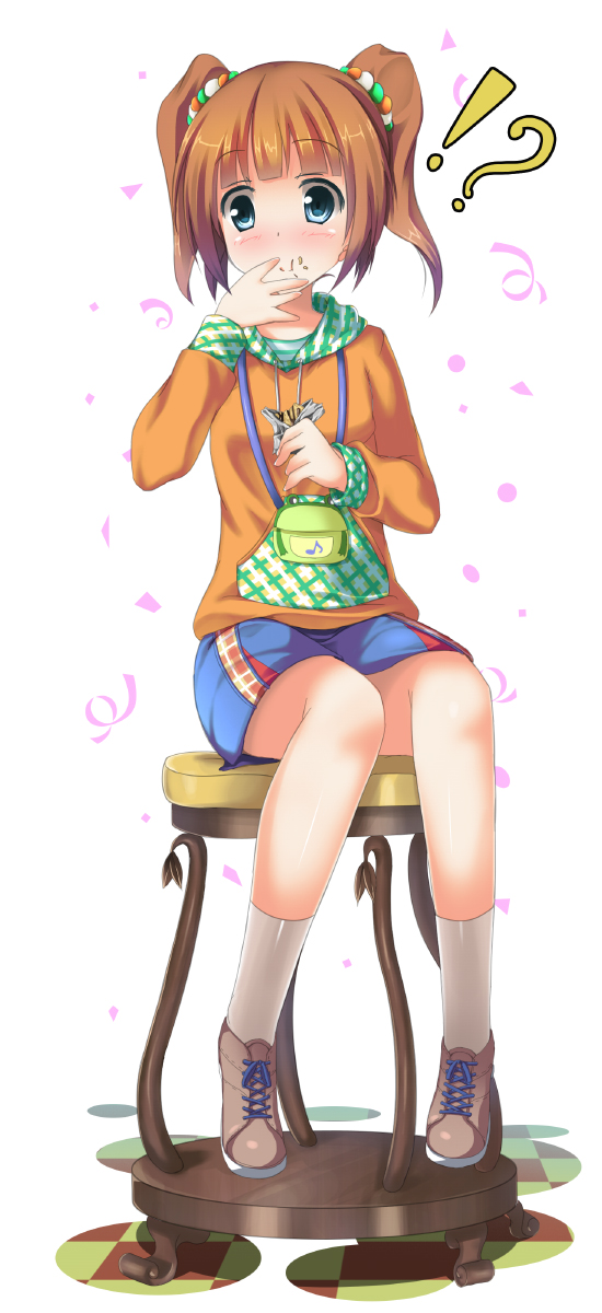 !?, bag, blue_eyes, brown_hair, casual, eating, green_eyes, highres