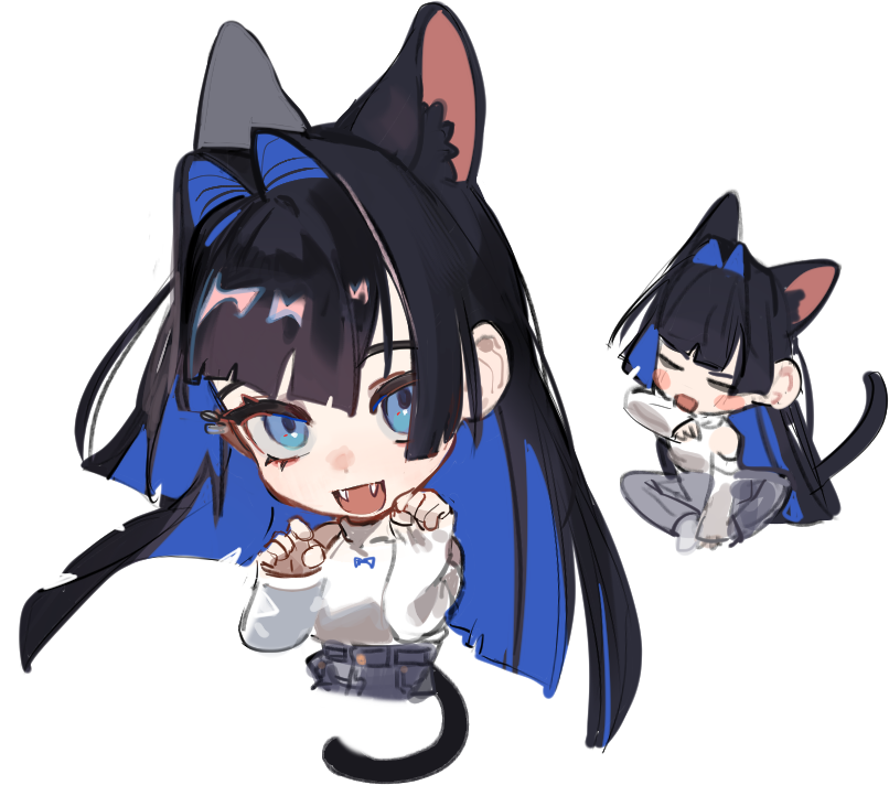 1girl, animal_ears, black_eyeliner, black_hair, blue_eyes, blue_hair, blue_pants, blunt_bangs, cat_ears, cat_girl, cat_tail, colored_inner_hair, denim, detached_sleeves, eus_ing, extra_ears, eyelashes, eyeliner, fangs, hololive, hololive_english, jeans, licking_own_arm, long_hair, makeup, mascara, multicolored_hair, ouro_kronii, pants, paw_pose, sidelocks, sleeveless, sleeveless_sweater, sleeveless_turtleneck, solo, sweater, tail, turtleneck, turtleneck_sweater, very_long_hair, virtual_youtuber, white_sweater