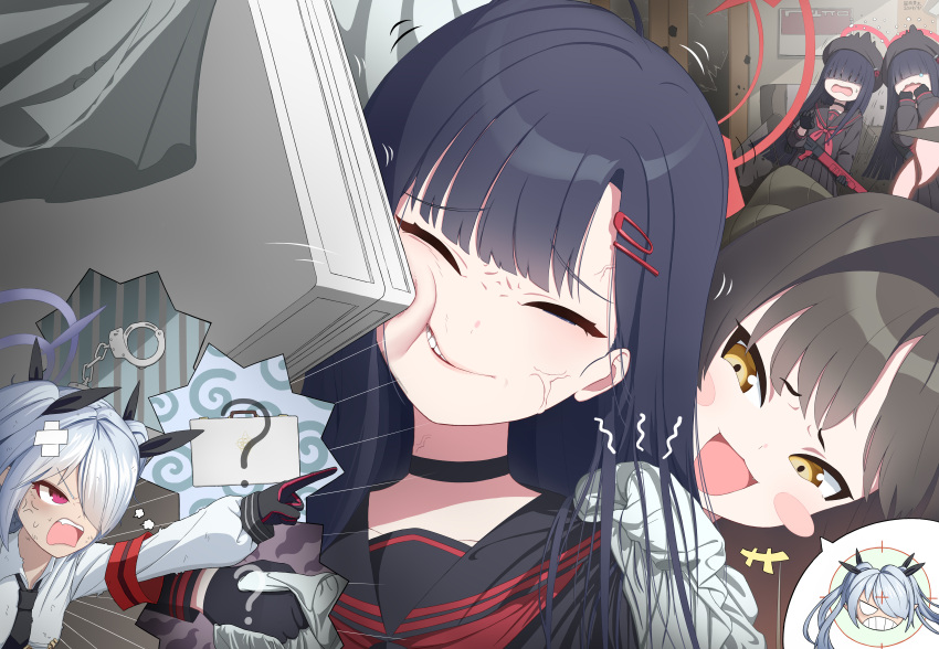 5girls, ?, absurdres, beret, black_choker, black_hair, black_hat, black_necktie