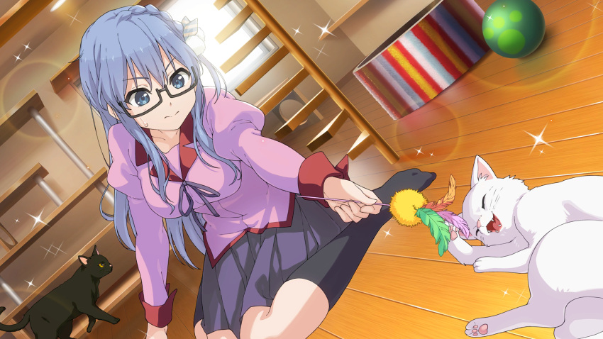 1girl, 22/7, 22/7_ongaku_no_jikan, bakemonogatari, ball, black-framed_eyewear, black_cat, black_socks