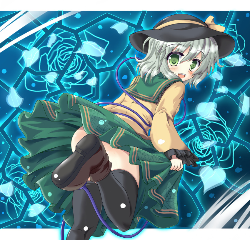 ass, black_legwear, censored, convenient_censoring, convenient_leg, dress, dress_lift, floral_print