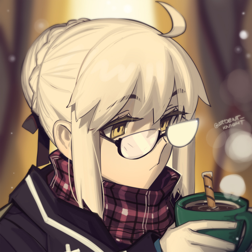 1girl, ahoge, artoria_pendragon_(fate), black_jacket, blonde_hair, boa_(brianoa), braid, coffee_mug, cup, fate/grand_order, fate_(series), french_braid, glasses, hair_bun, highres, hood, hooded_jacket, jacket, long_hair, long_sleeves, mug, mysterious_heroine_x_alter_(fate), mysterious_heroine_x_alter_(first_ascension)_(fate), plaid, plaid_scarf, red_scarf, scarf, sidelocks, solo, yellow_eyes