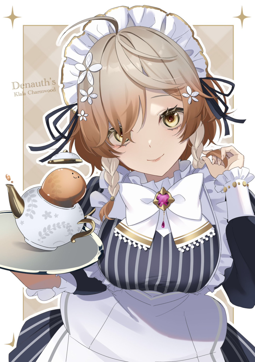 1girl, braid, breasts, brown_hair, character_name, highres, holding, holding_tray