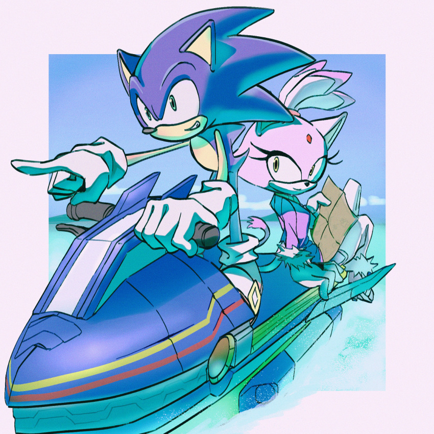 1boy, 1girl, absurdres, animal_ears, blaze_the_cat, blue_fur, cat_ears, cat_girl, cat_tail, forehead_jewel, fur-trimmed_footwear, fur-trimmed_gloves, fur_trim, furry, furry_female, furry_male, gloves, green_eyes, highres, holding, holding_map, jacket, jet_ski, map, mochi_paya, pants, pointing, pointing_forward, purple_fur, purple_jacket, smile, smirk, sonic_(series), sonic_rush_adventure, sonic_the_hedgehog, square, tail, topknot, white_gloves, white_pants, yellow_eyes