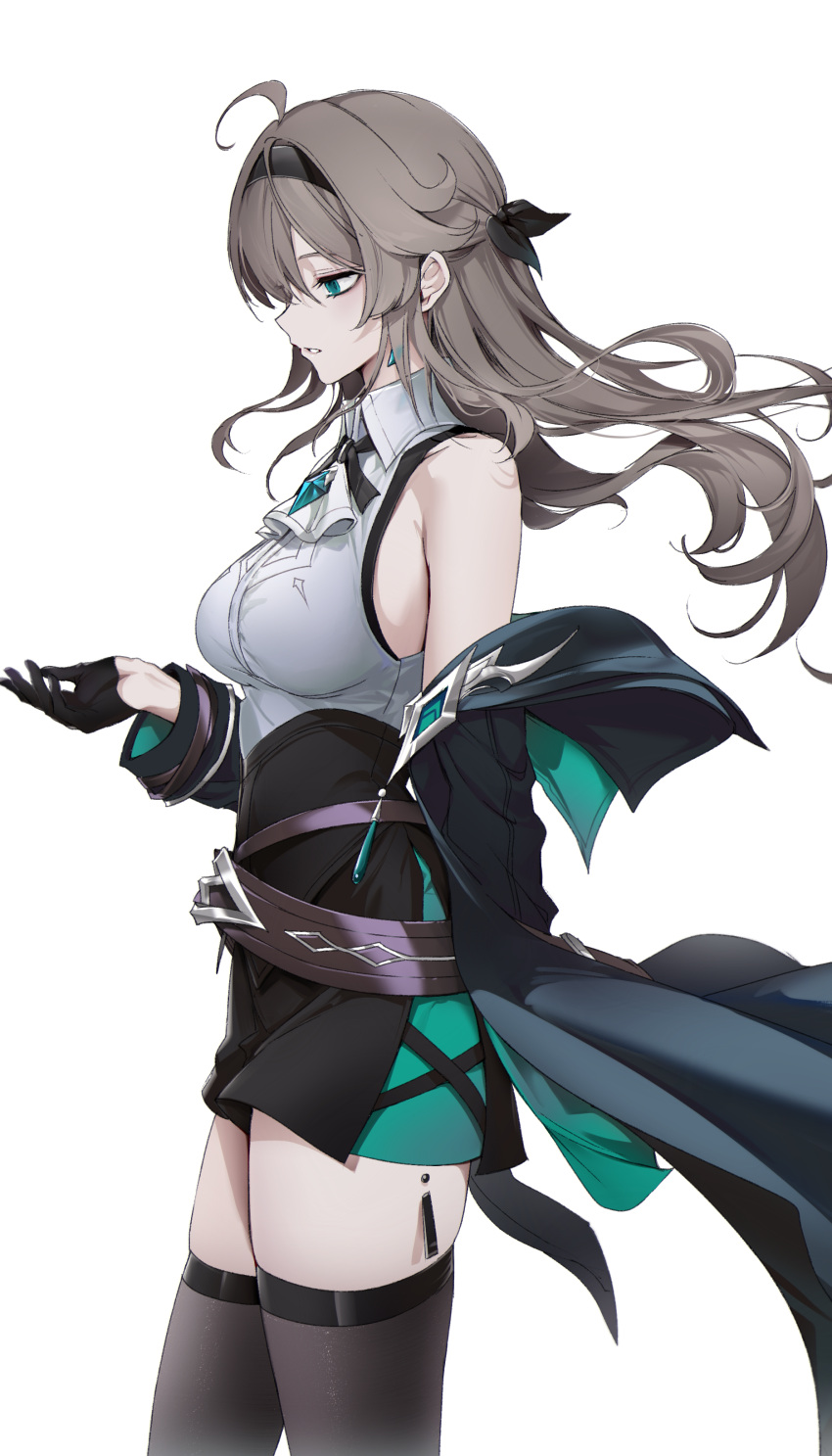 1girl, absurdres, bare_shoulders, black_gloves, black_hairband, black_jacket, black_skirt, black_thighhighs, breasts, earrings, elsword, floating_hair, gloves, green_eyes, grey_hair, hairband, half_gloves, high-waist_skirt, highres, jacket, jewelry, lithia_beryl_(elsword), long_hair, long_sleeves, medium_breasts, off_shoulder, rima_clavis_(elsword), simple_background, skirt, solo, tanjel, thigh-highs, white_background