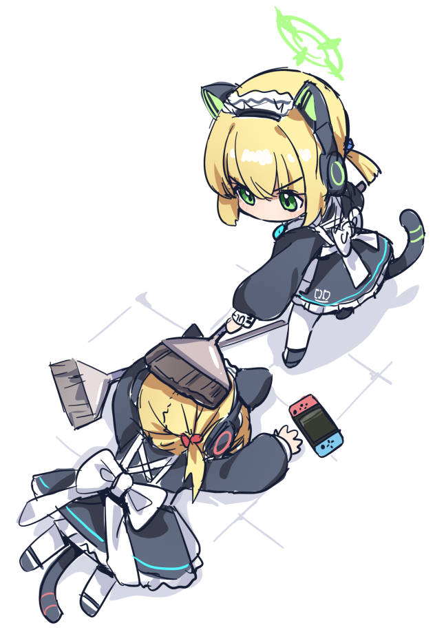 2girls, animal_ear_headphones, animal_ears, apron, black_dress, black_footwear, blonde_hair, blue_archive