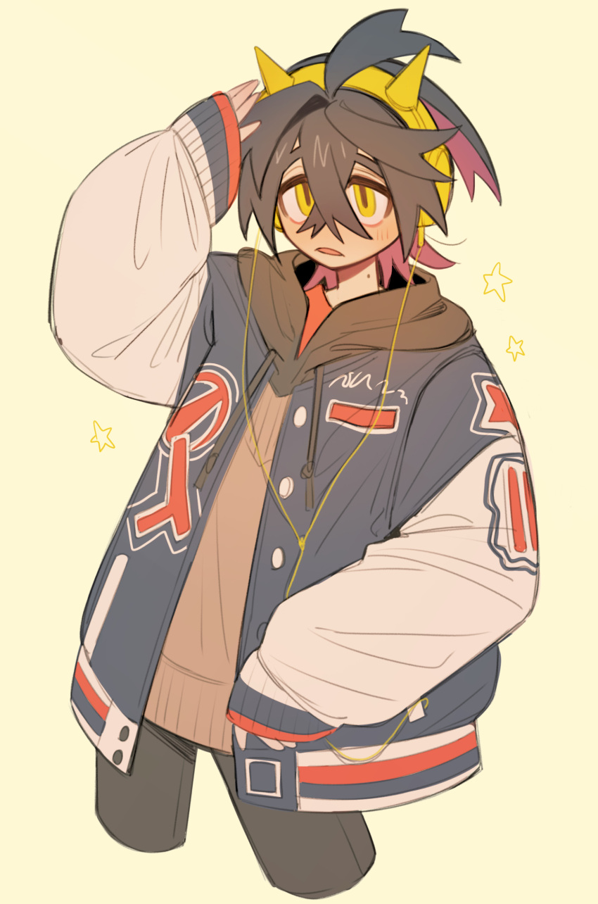 1boy, absurdres, alternate_costume, arm_up, black_hair, blush, brown_hoodie, buttons