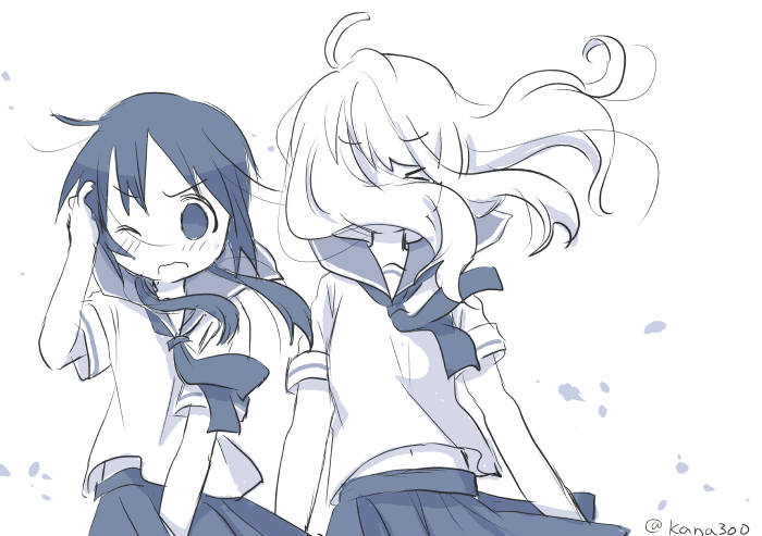 >_<, 2girls, ahoge, chito_(shoujo_shuumatsu_ryokou), contemporary, facing_viewer, floating_hair, hair_over_face