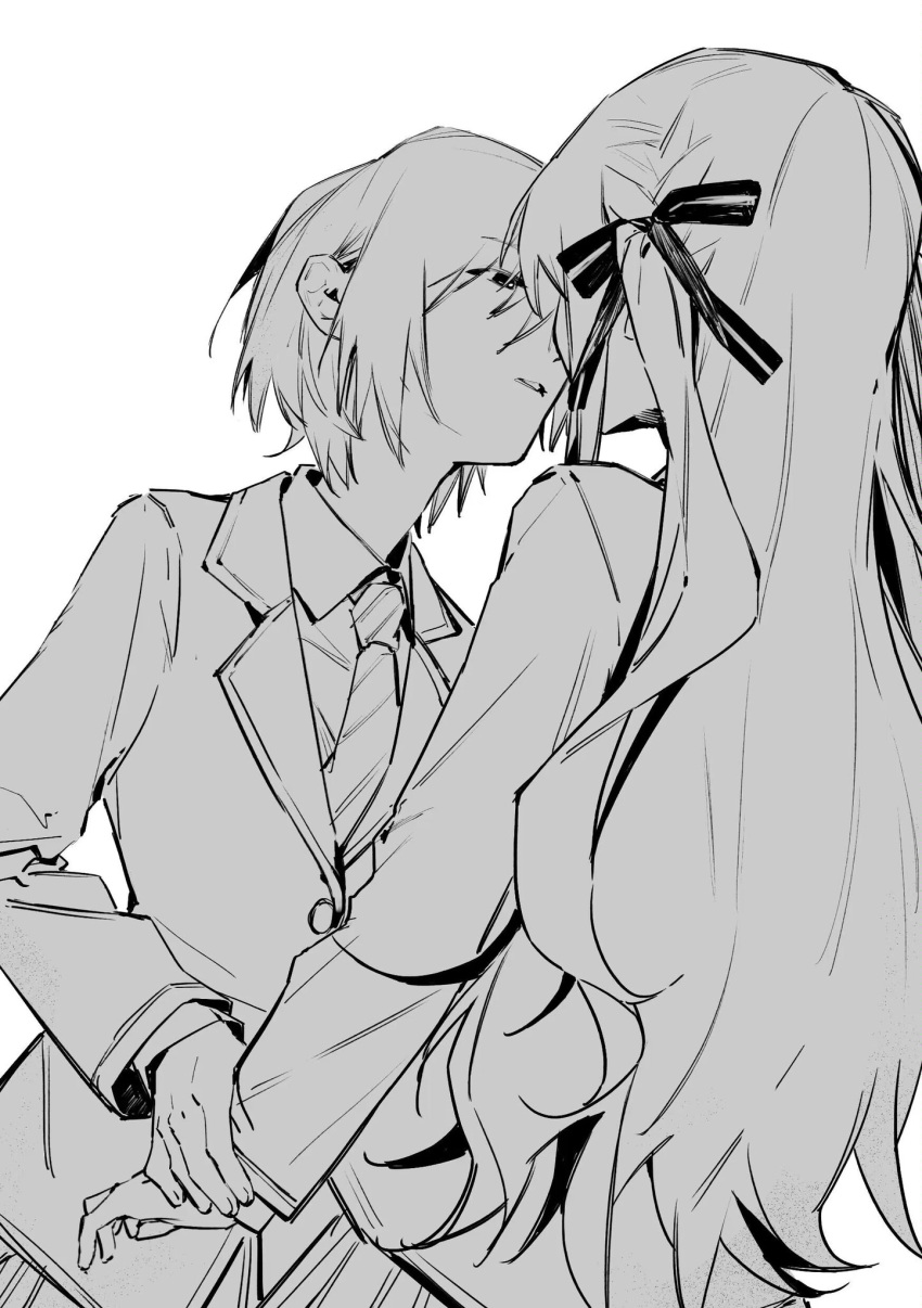 2girls, bang_dream!, bang_dream!_it's_mygo!!!!!, collared_shirt, greyscale, hair_ribbon, haneoka_school_uniform, highres