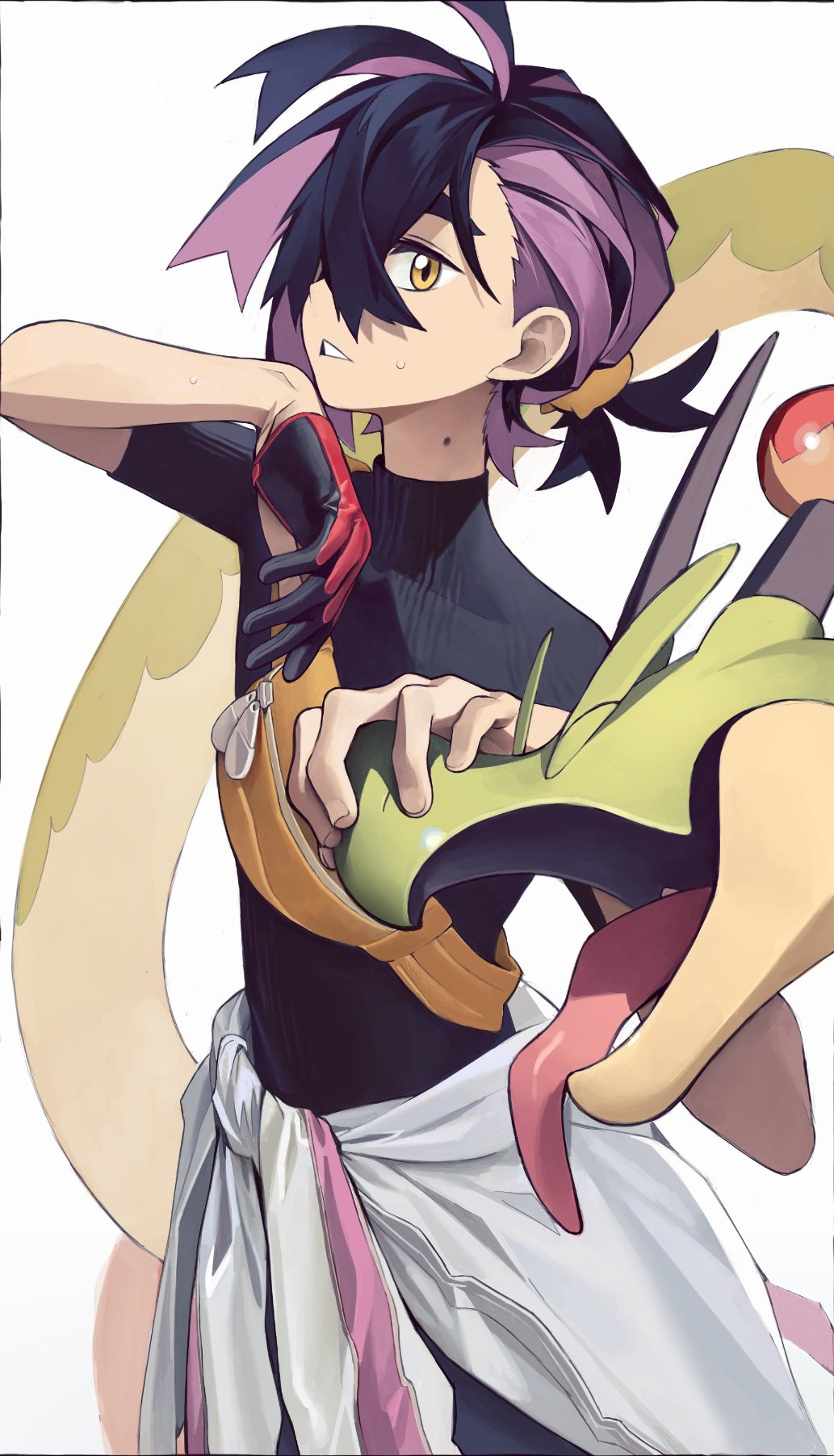 1boy, alternate_costume, bag, black_hair, closed_eyes, clothes_around_waist, crossed_bangs, fanny_pack, gloves, hair_between_eyes, highres, hydrapple, kieran_(pokemon), knifedragon, looking_at_viewer, male_focus, multicolored_hair, open_mouth, orange_eyes, parted_lips, pokemon, pokemon_(creature), pokemon_sv, purple_hair, short_sleeves, simple_background, single_glove, sweat, tongue, turtleneck, white_background