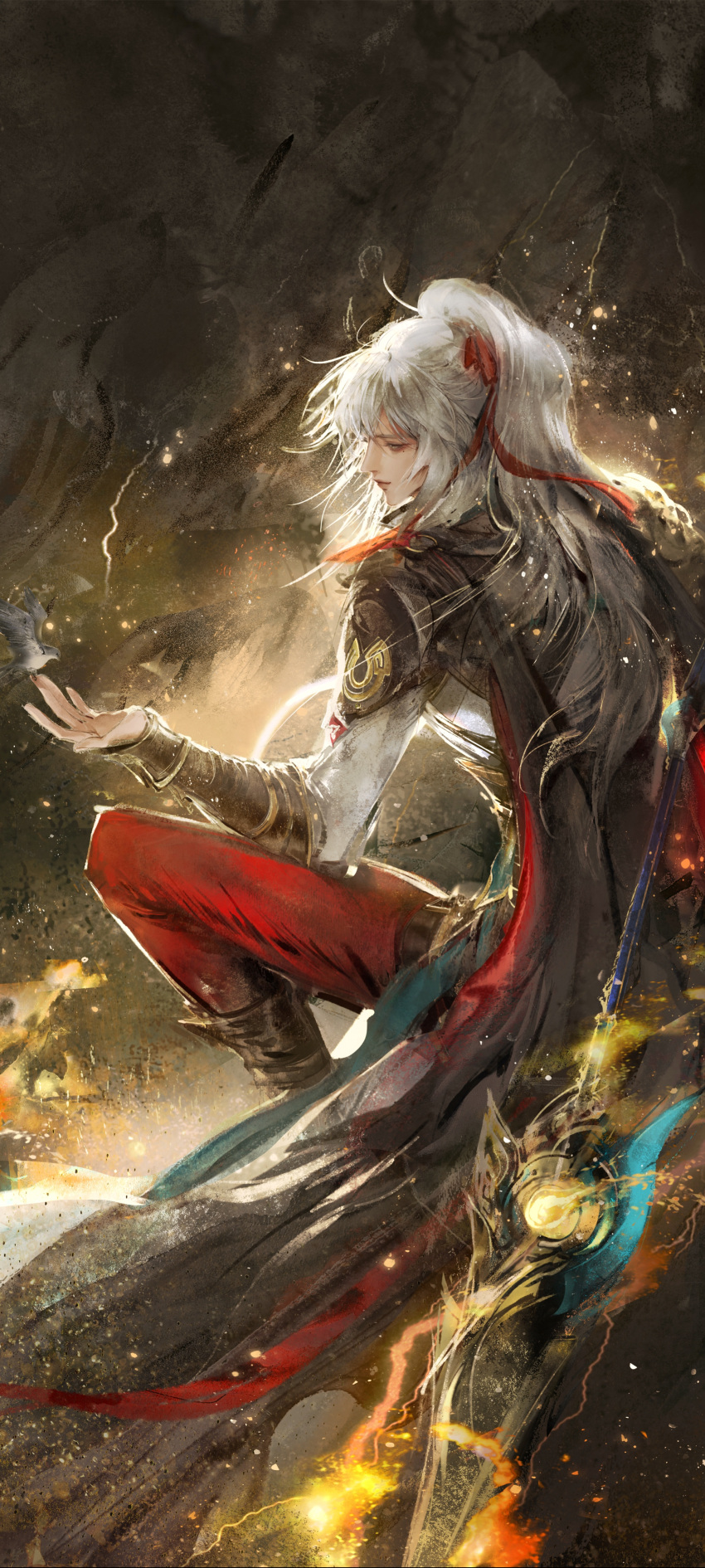 1boy, absurdres, bird, bird_on_hand, black_cape, black_footwear, body_armor, boots, bracer, cape, closed_mouth, full_body, glaive_(polearm), high_ponytail, highres, honkai:_star_rail, honkai_(series), jing_yuan, kcllzas163, long_hair, looking_at_animal, male_focus, mole, mole_under_eye, pants, polearm, ponytail, red_pants, red_ribbon, ribbon, sitting, smile, solo, sparks, weapon, white_hair, yellow_eyes