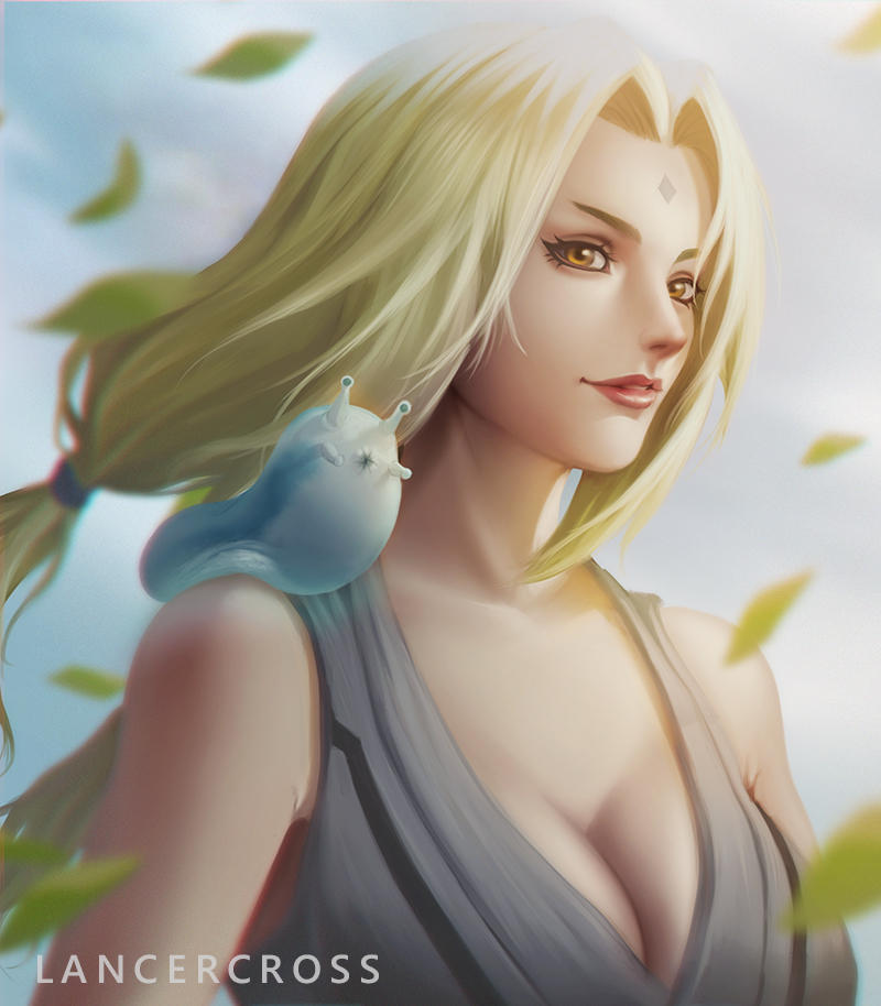 1girl, artist_name, bare_shoulders, blonde_hair, brown_eyes, commentary, deviantart_username, english_commentary, facial_mark, forehead_mark, katsuyu_(naruto), lancercross, long_hair, low_ponytail, naruto, naruto_(series), outdoors, ponytail, realistic, sleeveless, slug, smile, solo, tsunade_(naruto)