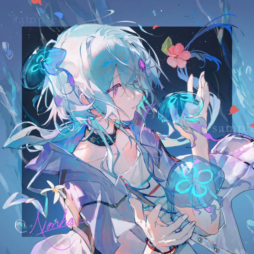 1boy, arknights, black_background, black_collar, blue_border, blue_hair, blue_jacket, border