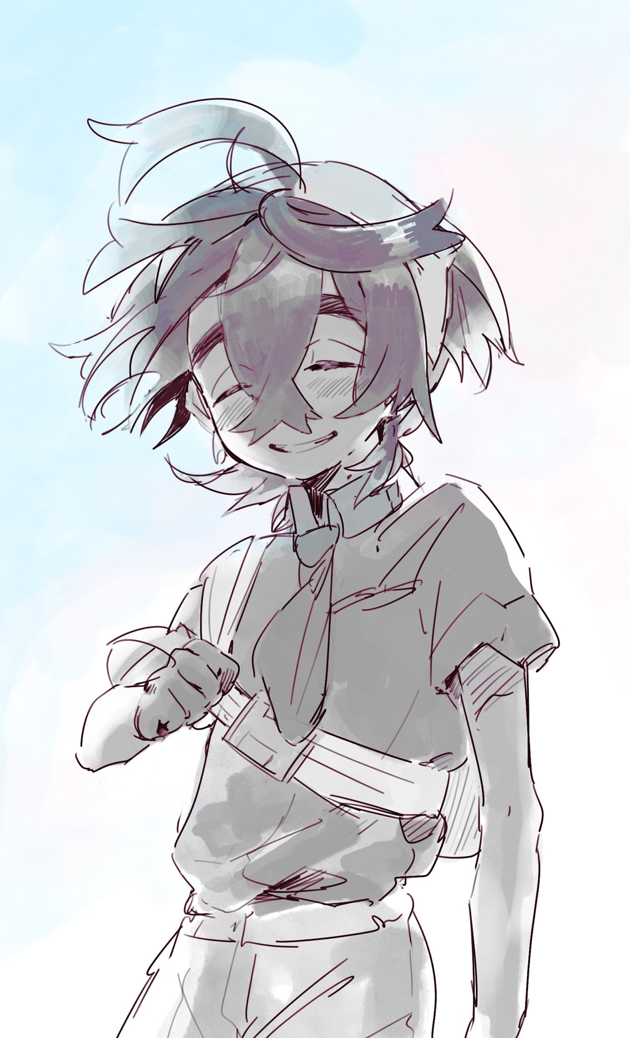 bag, bezquomvjq49661, blush, closed_eyes, collared_shirt, crossed_bangs, facing_viewer, gloves, gradient_background, grin, hair_between_eyes, hairband, highres, kieran_(pokemon), male_focus, mole, mole_on_neck, monochrome, pokemon, pokemon_sv, shirt, short_sleeves, simple_background, smile, solo