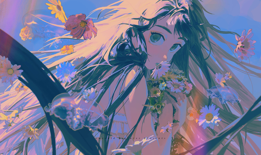 1girl, bare_shoulders, black_hair, blue_sky, commentary, dress, emmmerald, floating, flower, highres, jellyfish, long_hair, looking_at_viewer, original, purple_theme, sky, solo, sundress, sunflower, symbol-only_commentary, upper_body