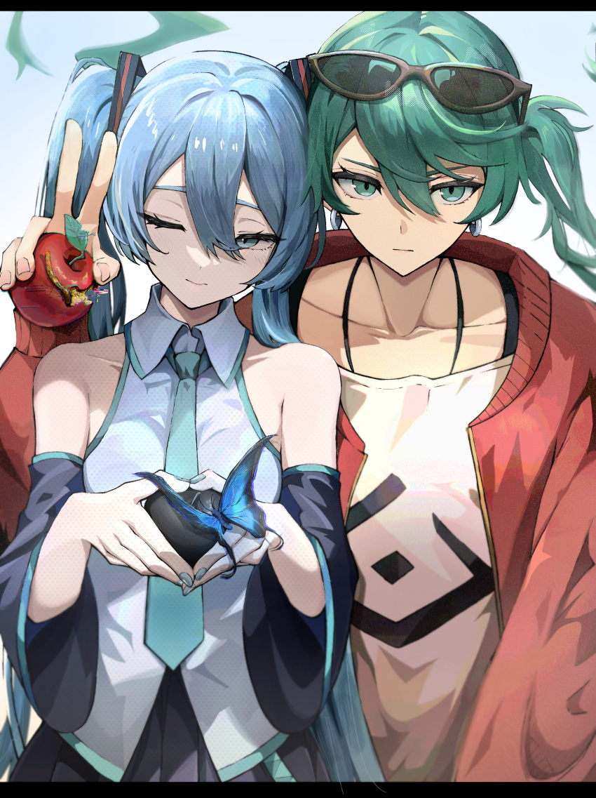 2girls, :|, absurdres, apple, aqua_nails, aqua_necktie, arm_around_shoulder, bare_shoulders