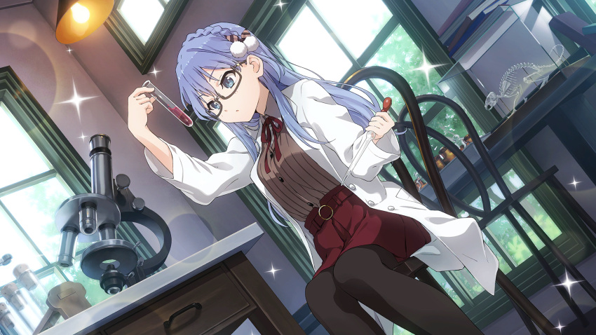 1girl, 22/7, 22/7_ongaku_no_jikan, belt, black-framed_eyewear, black_pantyhose, blue_eyes, blue_hair