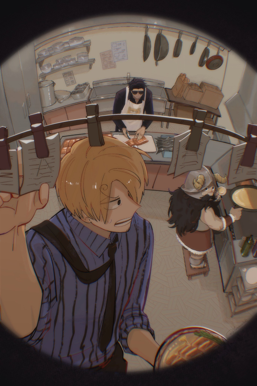 3boys, apron, beard, cooking, crossover, dungeon_meshi, dwarf, facial_hair