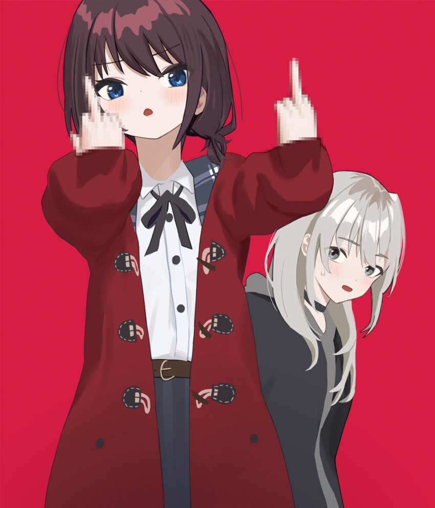 2girls, bei_chelun_de_daquan_yangcong_anakin, black_choker, black_jacket, black_ribbon, black_skirt, blue_eyes, blush