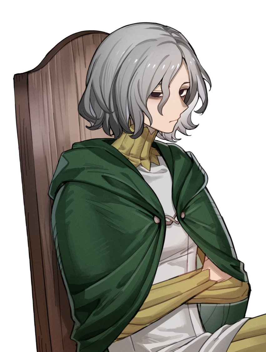 1boy, bags_under_eyes, bamu_(bamu0504), black_eyes, cloak, dungeon_meshi, elf, gorget