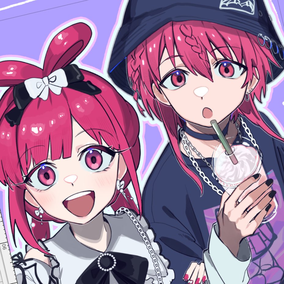 1boy, 1girl, black_skirt, bow, bow-shaped_hair, braid, brother_and_sister, drink, ear_piercing, hair_bow, hair_ornament, hat, holding, holding_drink, jewelry, jirai_kei, looking_at_viewer, magi_the_labyrinth_of_magic, medium_hair, multiple_piercings, nail_polish, open_mouth, pepshi506, piercing, pink_eyes, pink_hair, pink_shirt, ren_kougyoku, ren_kouha, shirt, siblings, skirt, streetwear, sweater
