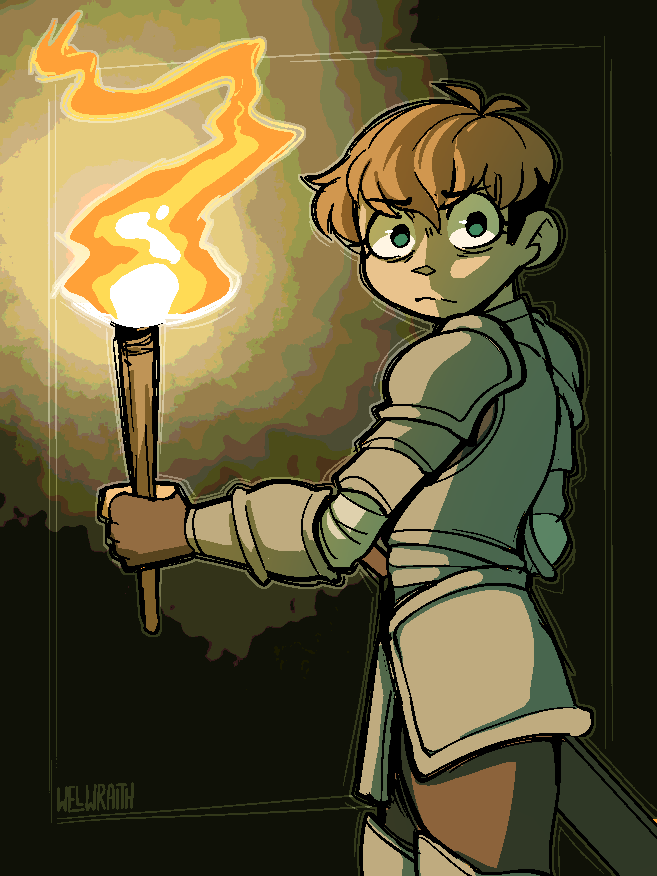 1girl, armor, artist_name, brown_gloves, brown_pants, closed_mouth, commentary, cowboy_shot, d'arce_(fear_&amp;_hunger), fear_&amp;_hunger, fingerless_gloves, gloves, holding, holding_torch, knight, looking_at_viewer, looking_to_the_side, orange_hair, pants, short_hair, solo, sword, torch, weapon, welwraith