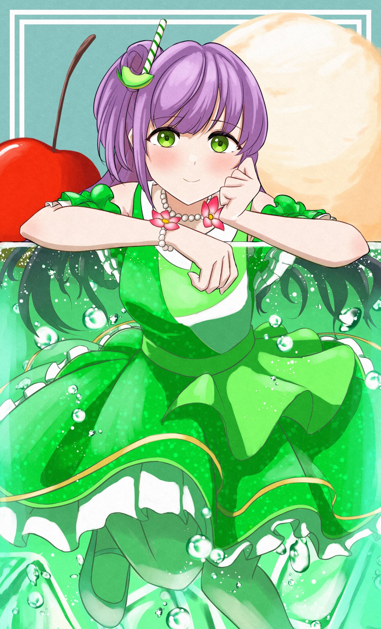 1girl, bead_bracelet, bead_necklace, beads, blush, bracelet, breasts, cherry, closed_mouth, commentary_request, dress, drinking_straw_hair_ornament, flower, flower_bracelet, flower_necklace, food, food-themed_hair_ornament, foot_out_of_frame, frilled_dress, frills, fruit, green_background, green_dress, green_eyes, hair_bun, hair_ornament, hajikeru_melon_soda_(love_live!), highres, jewelry, link!_like!_love_live!, long_hair, looking_at_viewer, love_live!, mary_janes, medium_breasts, medium_dress, melon_hair_ornament, necklace, otomune_kozue, partially_submerged, purple_hair, shoes, side_ponytail, sidelocks, simadaburyu, simple_background, single_side_bun, sleeveless, sleeveless_dress, smile, virtual_youtuber