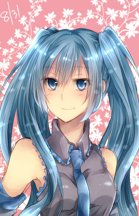 akiduki_kozue, bad_id, blue_eyes, blue_hair, detached_sleeves, hatsune_miku, long_hair, necktie, smile, solo, twintails, vocaloid