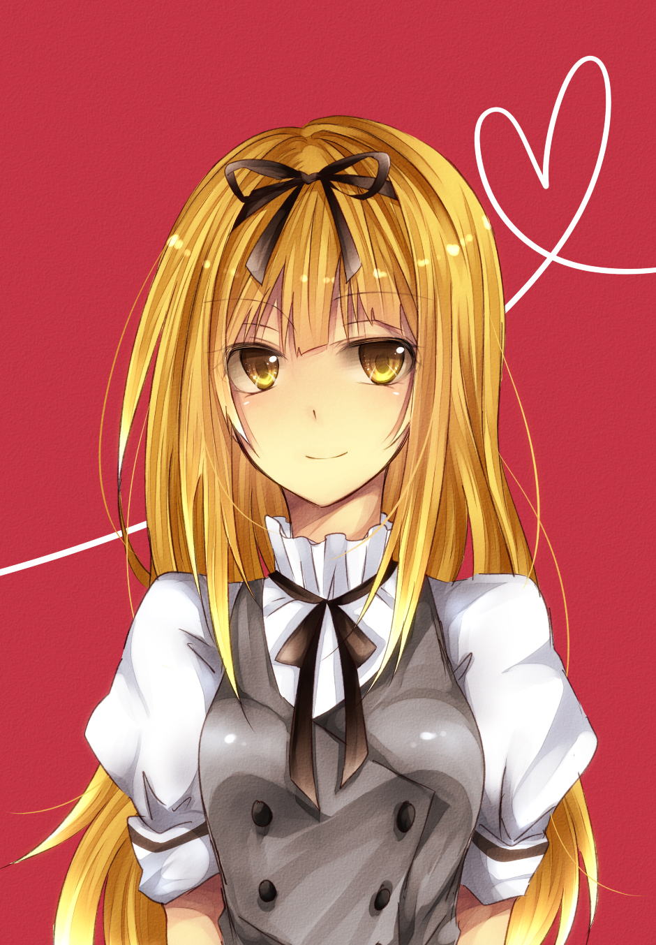 akiduki_kozue, bad_id, blonde_hair, crossdressinging, hair_ribbon, highres, kiriki_liszt, long_hair, male, ookami-san, ribbon, school_uniform, smile, solo, trap, yellow_eyes