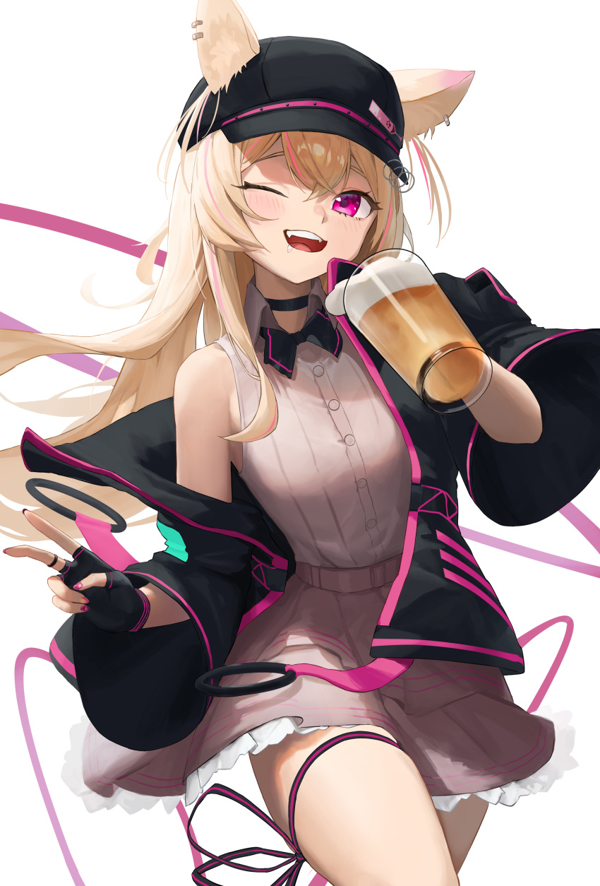 1girl, absurdres, alcohol, animal_ear_fluff, animal_ear_piercing, animal_ears, baseball_cap, beer