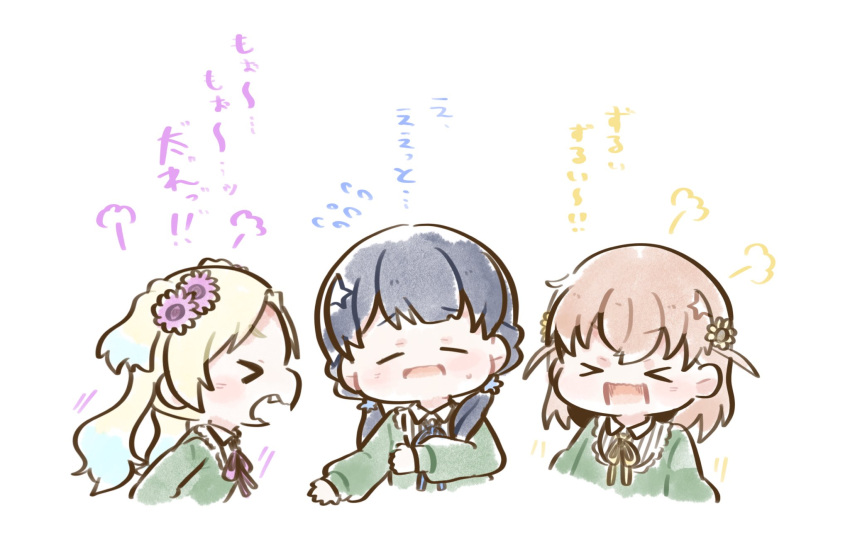 >_<, 3girls, :d, blonde_hair, blue_flower, blue_hair, blue_ribbon, brown_hair, chibi, chibi_only, closed_eyes, collared_dress, colored_tips, cropped_torso, crossed_bangs, dakishimeru_hanabira_(love_live!), dark_blue_hair, dress, fang, flower, flying_sweatdrops, g_teall, green_dress, hair_flower, hair_ornament, highres, hinoshita_kaho, light_blue_hair, link!_like!_love_live!, long_hair, long_sleeves, love_live!, medium_hair, multicolored_hair, multiple_girls, murano_sayaka, neck_ribbon, osawa_rurino, parted_bangs, pink_flower, pink_ribbon, puff_of_air, puffy_long_sleeves, puffy_sleeves, ribbon, shouting, simple_background, smile, translation_request, twintails, two_side_up, v-shaped_eyebrows, virtual_youtuber, white_background, xd, yellow_flower, yellow_ribbon