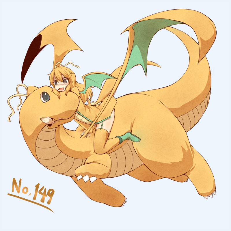 1girl, blonde_hair, blush, dragon, dragon_girl, dragon_wings, dragonite, garter_straps