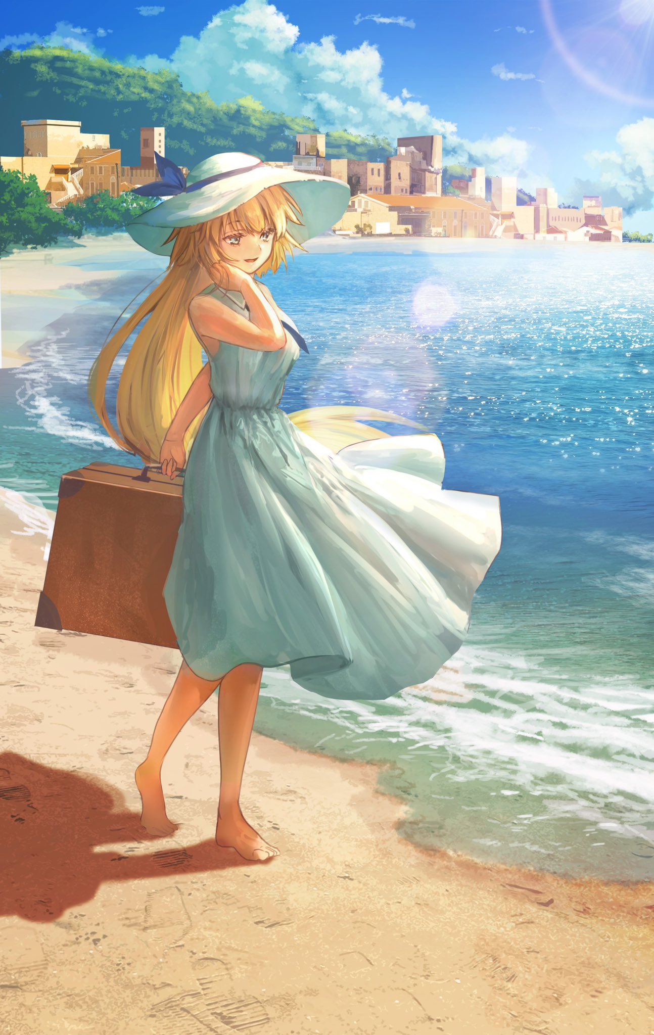 1girl, asagi_futsuka, barefoot, beach, blonde_hair, blue_eyes, blue_necktie, blue_sky