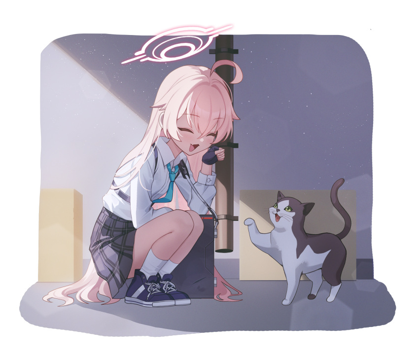 1girl, ahoge, animal, black_footwear, black_gloves, black_skirt, blue_archive, blue_necktie, blush, cat, closed_eyes, collared_shirt, fang, fingerless_gloves, full_body, gloves, hair_between_eyes, halo, highres, hoshino_(blue_archive), long_sleeves, necktie, newthi, open_mouth, pink_hair, pink_halo, plaid, plaid_skirt, shirt, shoes, skin_fang, skirt, smile, socks, solo, squatting, white_shirt, white_socks