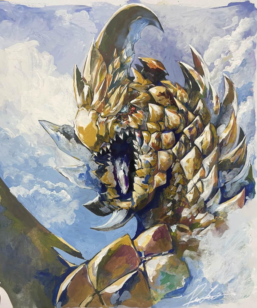 artist_name, black_tongue, blue_eyes, clouds, cloudy_sky, commentary_request, dragon, dragon_wings
