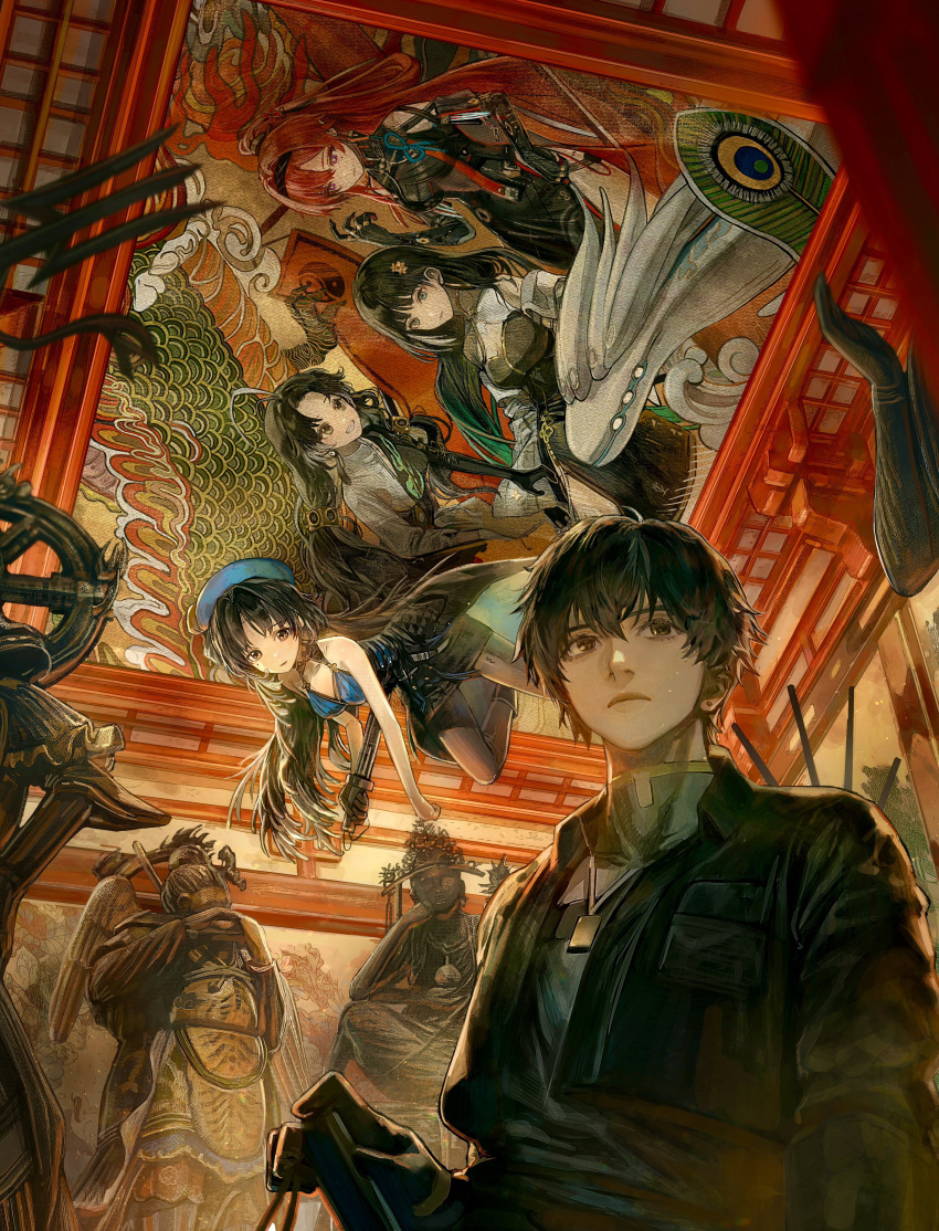 1boy, 4girls, absurdres, ahoge, baizhi_(wuthering_waves), black_hair, blue_hat, cropped_jacket