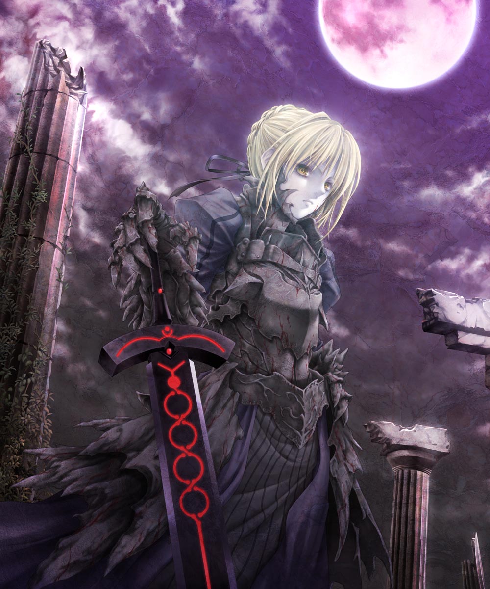 araki_maki, armor, armored_dress, blonde_hair, dark_excalibur, dress, fate/stay_night, fate_(series)