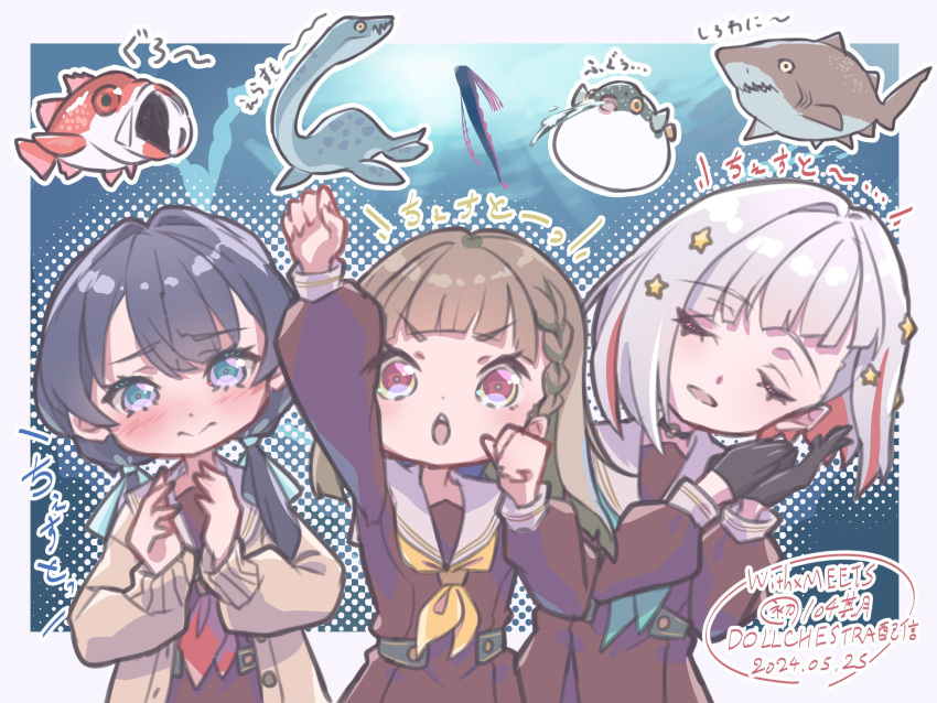 3girls, :o, aqua_neckerchief, black_choker, black_gloves, blackthroat_seaperch, blue_eyes, blue_hair