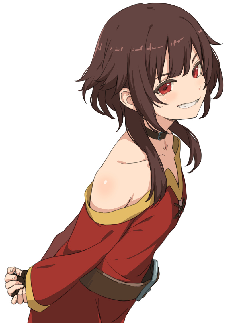 1girl, absurdres, arms_behind_back, bare_shoulders, black_choker, blush, brown_hair, choker