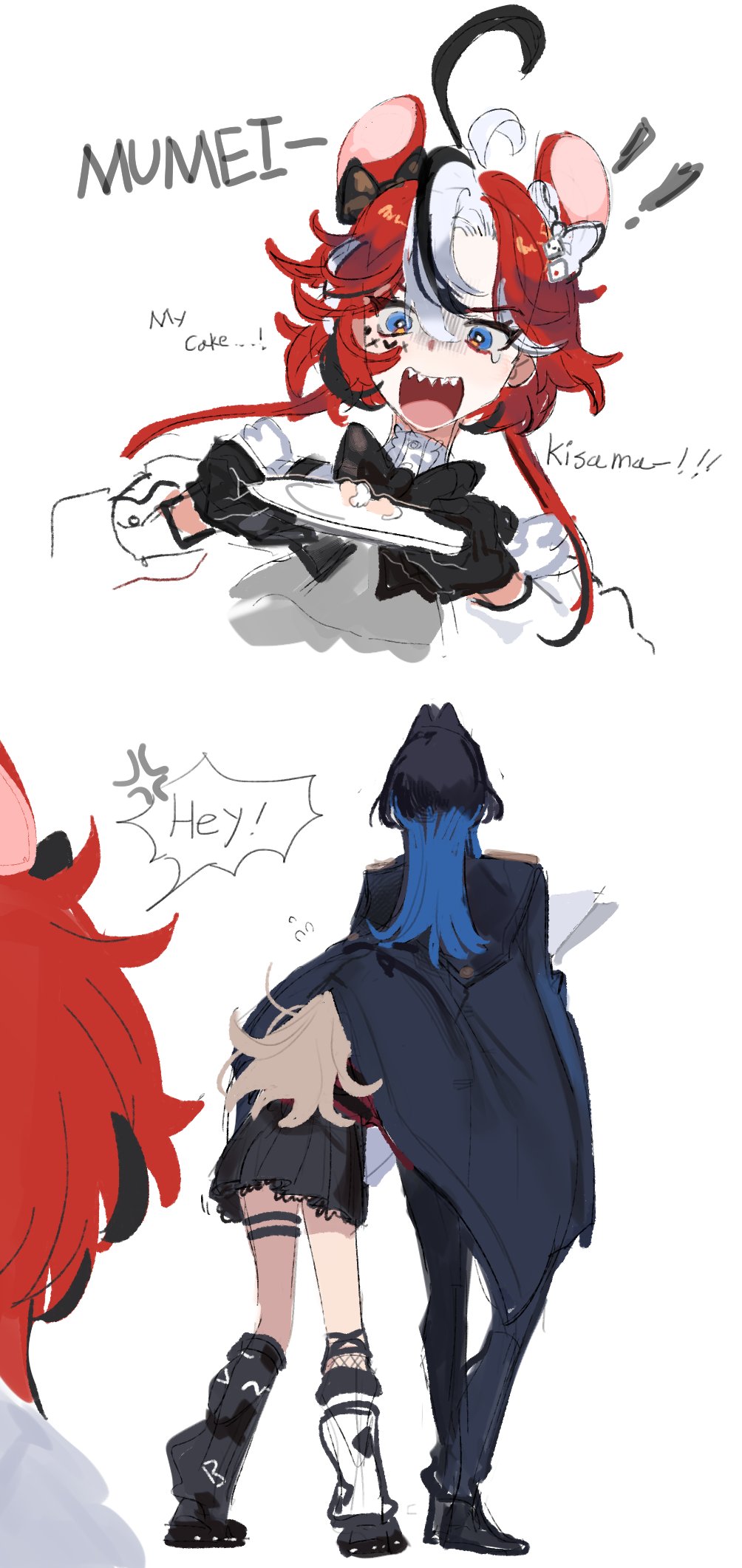 !, !!, 3girls, ahoge, anger_vein, animal_ears, black_bow, black_gloves