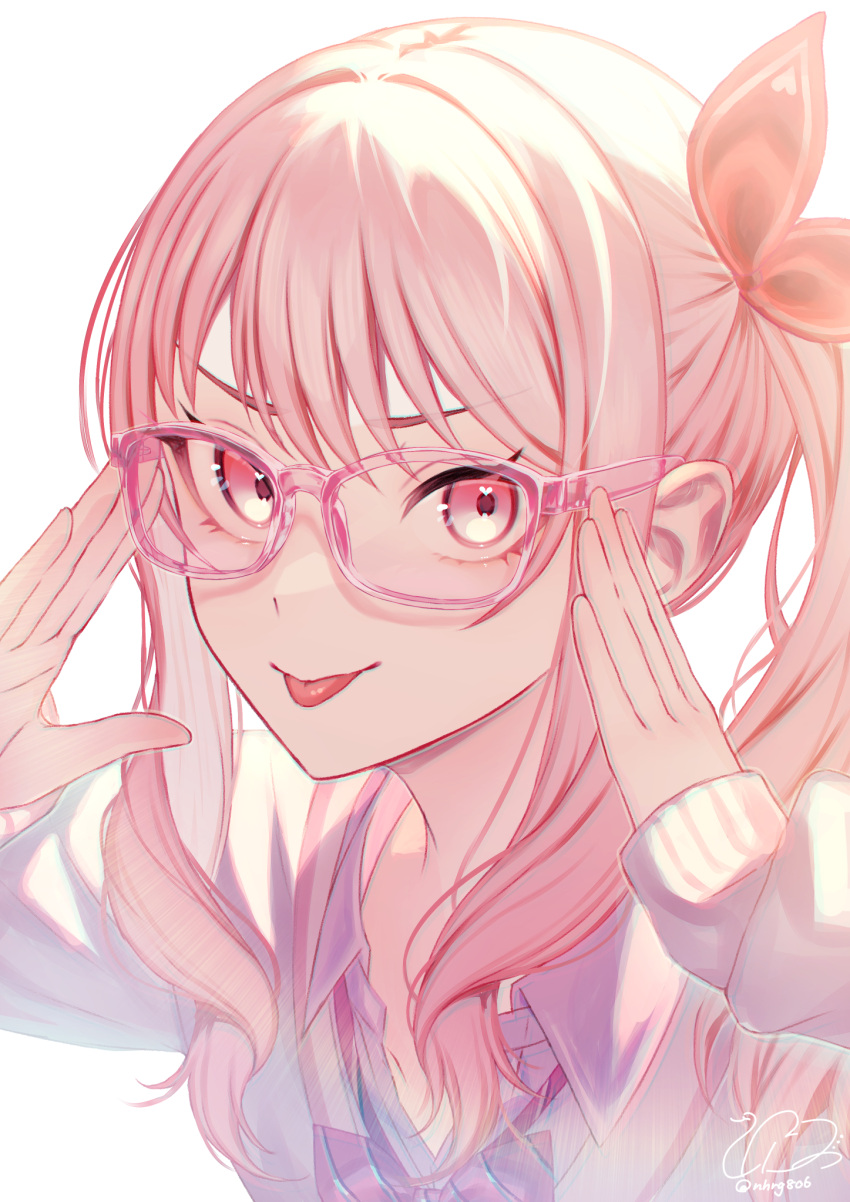 1other, adjusting_eyewear, akiyama_mizuki, bespectacled, bow, bowtie, cardigan, collared_shirt, commentary_request, diagonal-striped_bow, diagonal-striped_bowtie, diagonal-striped_clothes, glasses, hair_ornament, heart, heart_in_eye, highres, kamiyama_high_school_uniform_(project_sekai), long_hair, long_sleeves, looking_at_viewer, loose_bowtie, nhrg806, open_collar, other_focus, pink-framed_eyewear, pink_eyes, pink_hair, pink_shirt, pink_theme, project_sekai, red_bow, red_bowtie, school_uniform, shirt, side_ponytail, sidelocks, signature, simple_background, solo, striped_clothes, symbol_in_eye, tongue, tongue_out, upper_body, white_background, white_cardigan