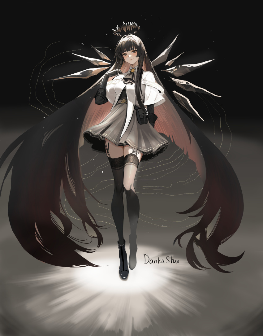 1girl, absurdres, arknights, artist_name, black_eyes, black_gloves, black_hair, black_skirt