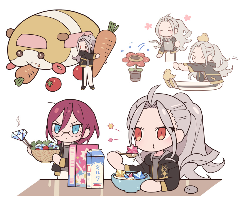 2boys, adam_(ensemble_stars!), bad_id, bad_pixiv_id, black_jacket, blue_eyes, bowl, carrot