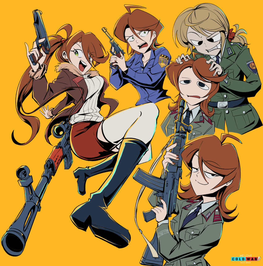 3girls, absurdres, ahoge, assault_rifle, belt, belt_buckle, black_belt, black_eyes
