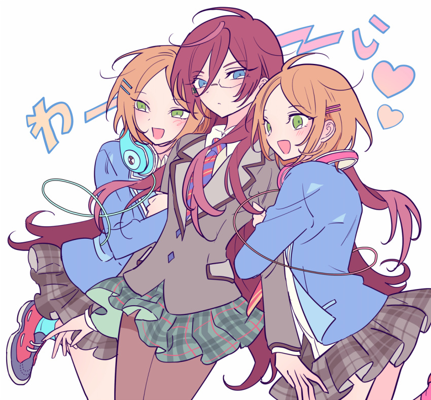 3girls, :d, aoi_hinata, aoi_yuta, arm_grab, bad_id, bad_pixiv_id, blue_eyes