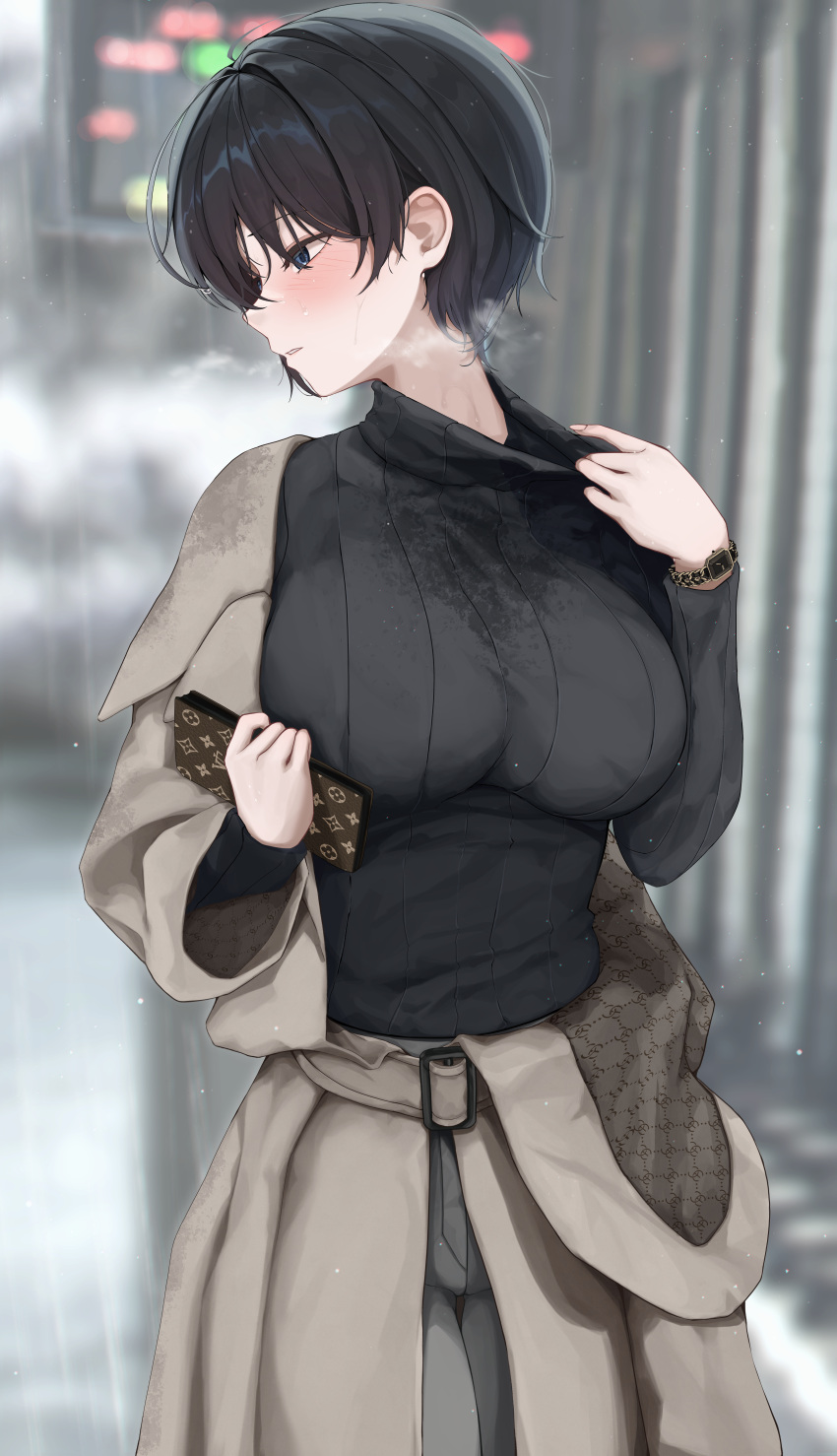 1girl, absurdres, black_eyes, black_hair, black_sweater, breasts, breath, brown_coat